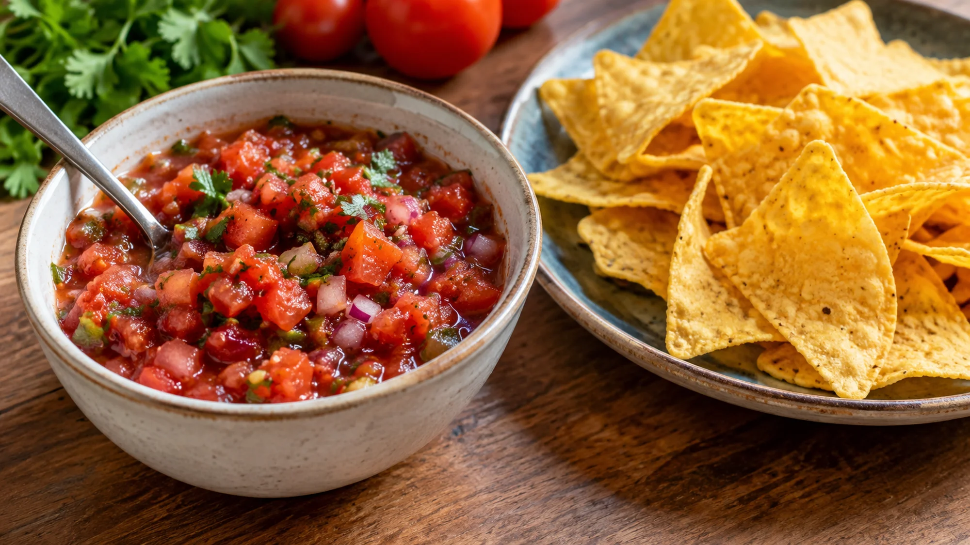 Corn tortilla chips and salsa with a serving spoon for a gluten free chips snack