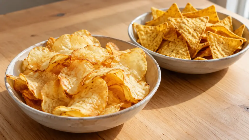 Bowls of plain potato chips and corn tortilla chips for a gluten free chips guide