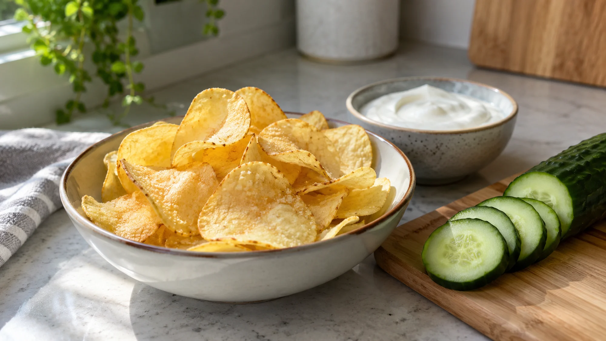 Bowl of potato chips beside cucumber slices and dip for serving gluten free chips