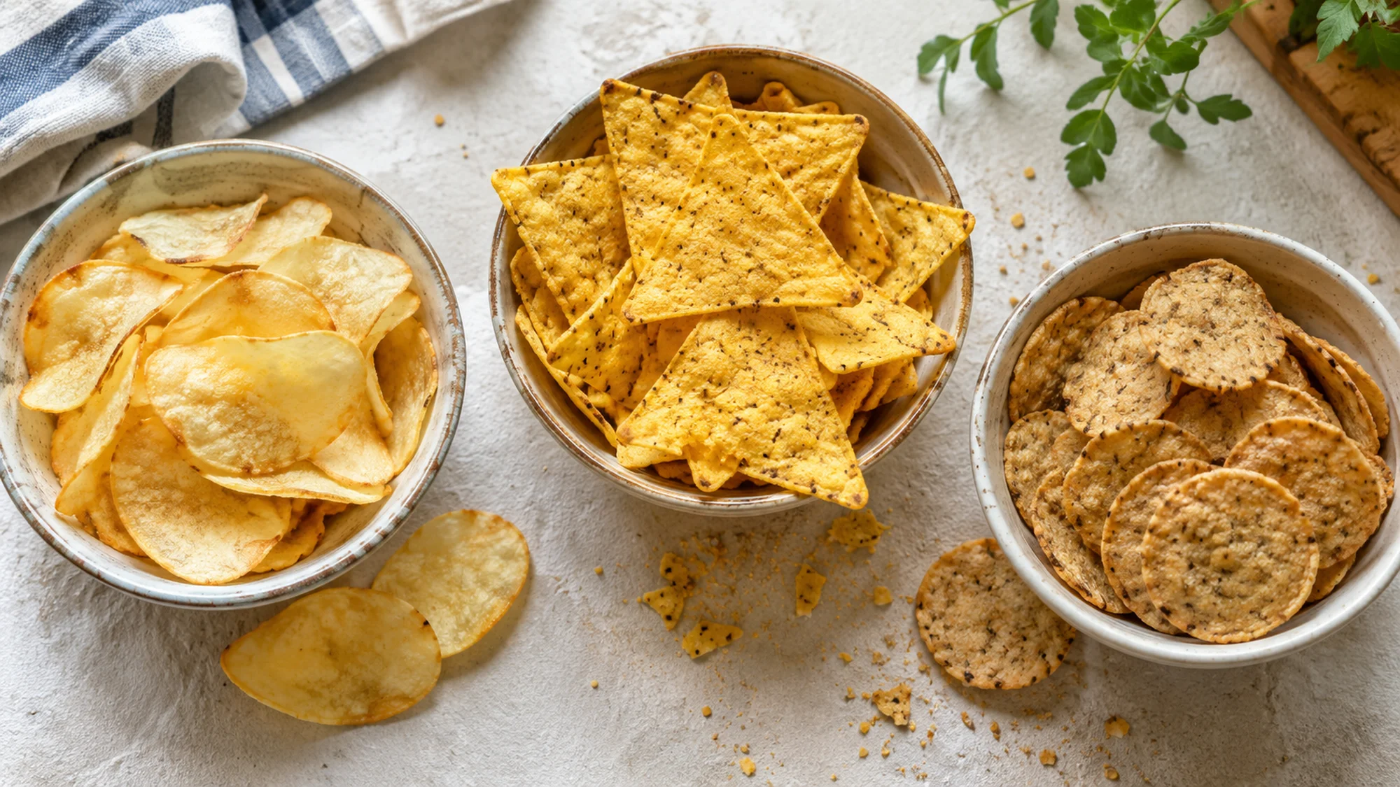 Three bowls of potato, corn tortilla and grain-style chips for comparing gluten free chips