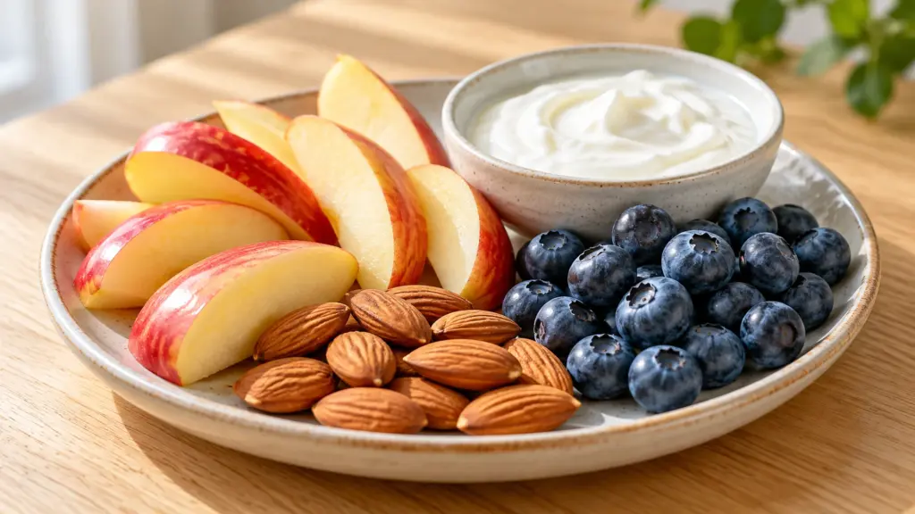 Gluten-free foods and snacks with apple wedges, almonds, blueberries and plain yogurt