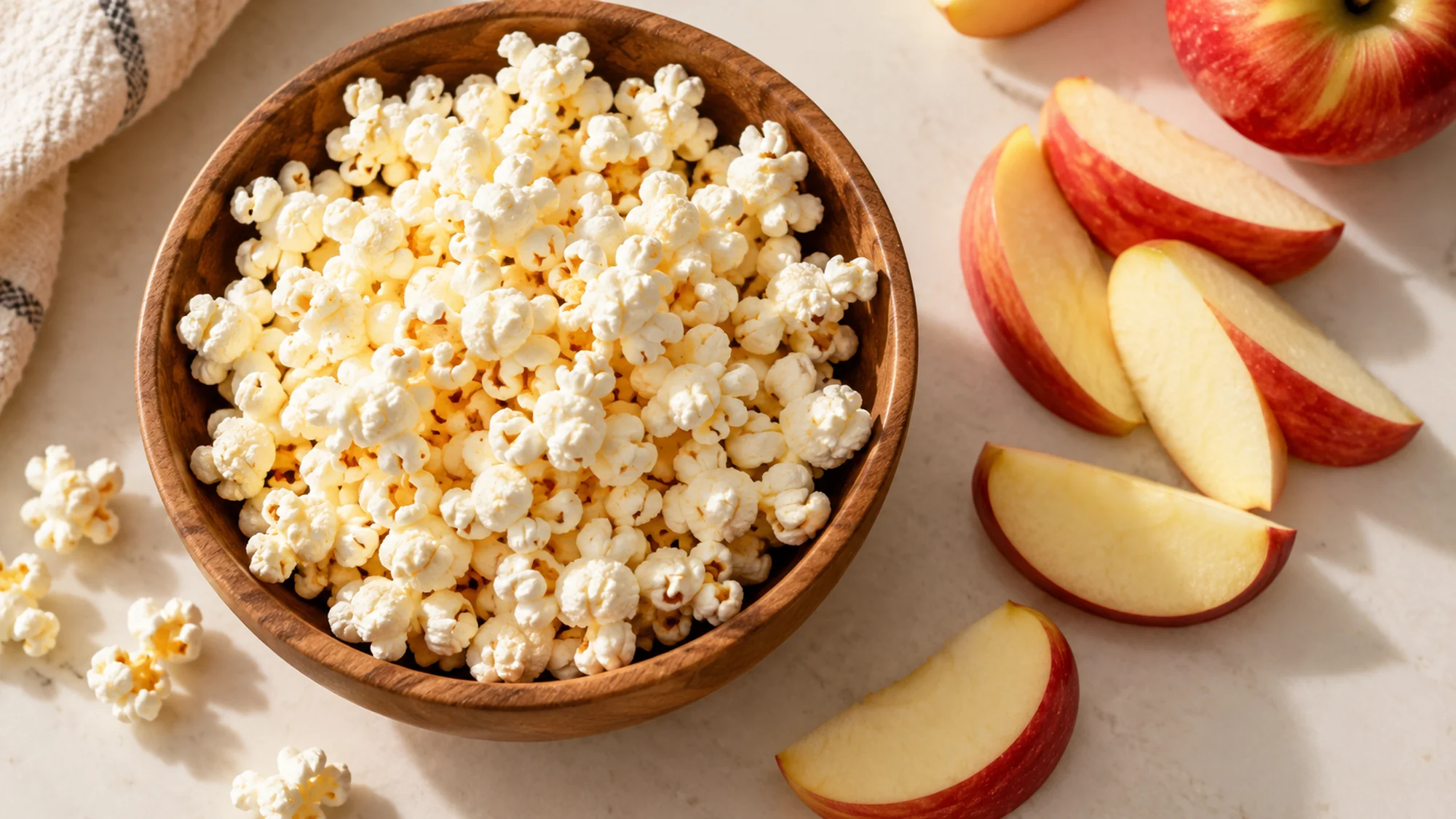 Gluten-free foods and snacks pairing plain popcorn with crisp apple slices