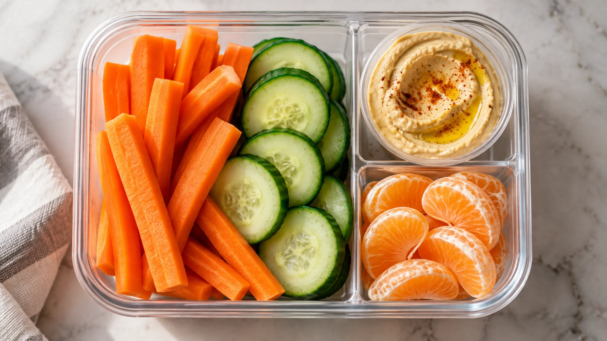 Gluten-free foods and snacks packed as vegetables, hummus and citrus segments