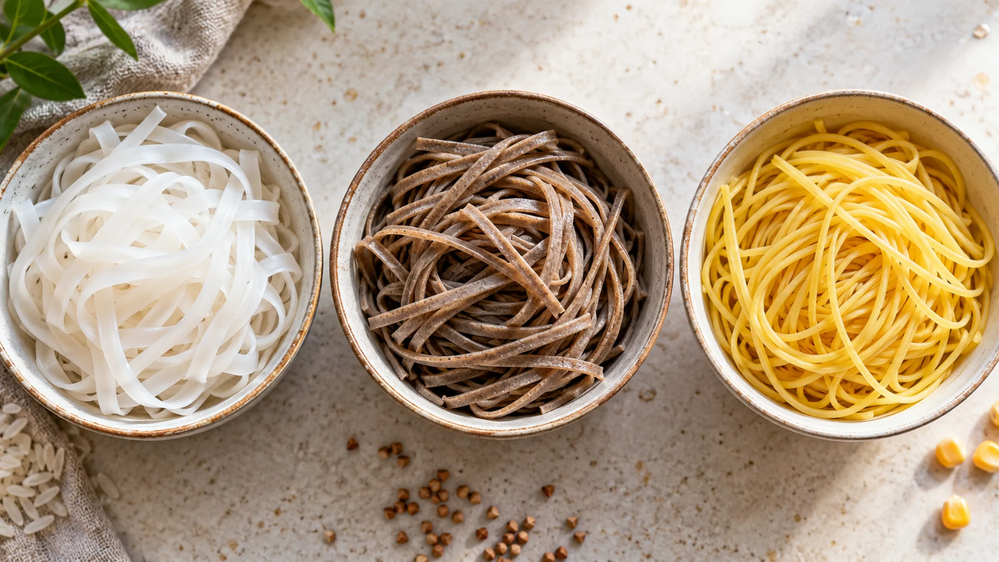 Gluten free noodles guide comparing rice, buckwheat and corn noodle styles