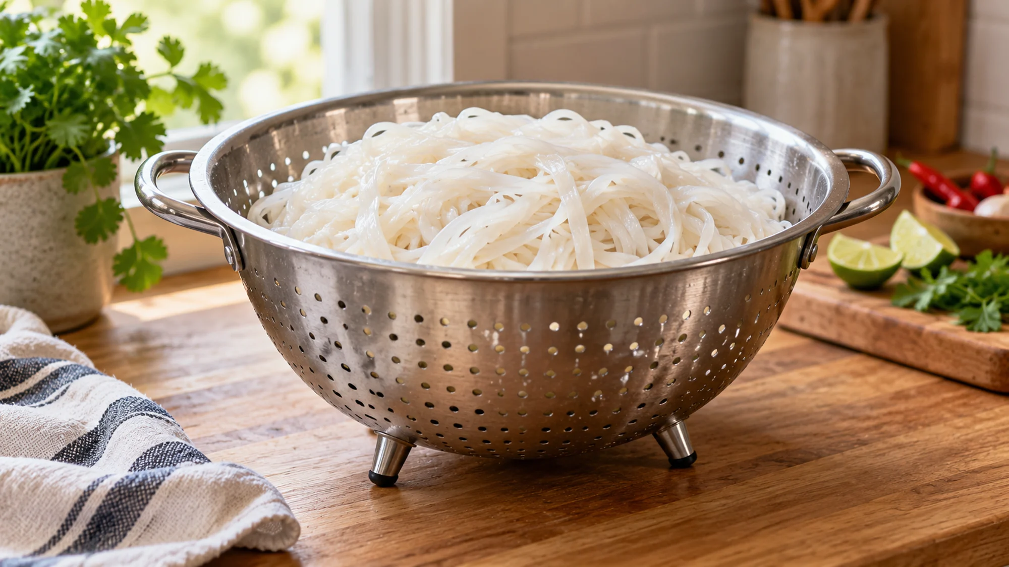 Gluten free noodles draining in a clean colander on the counter