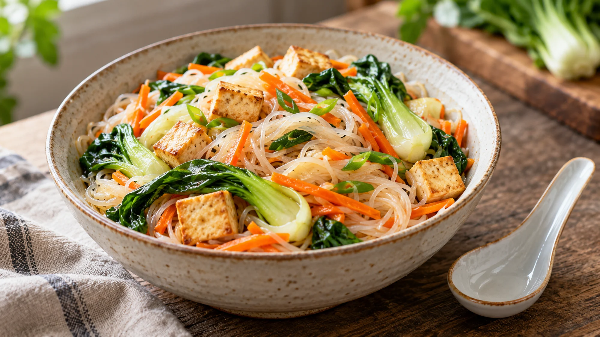Gluten free noodles with tofu, carrots and bok choy