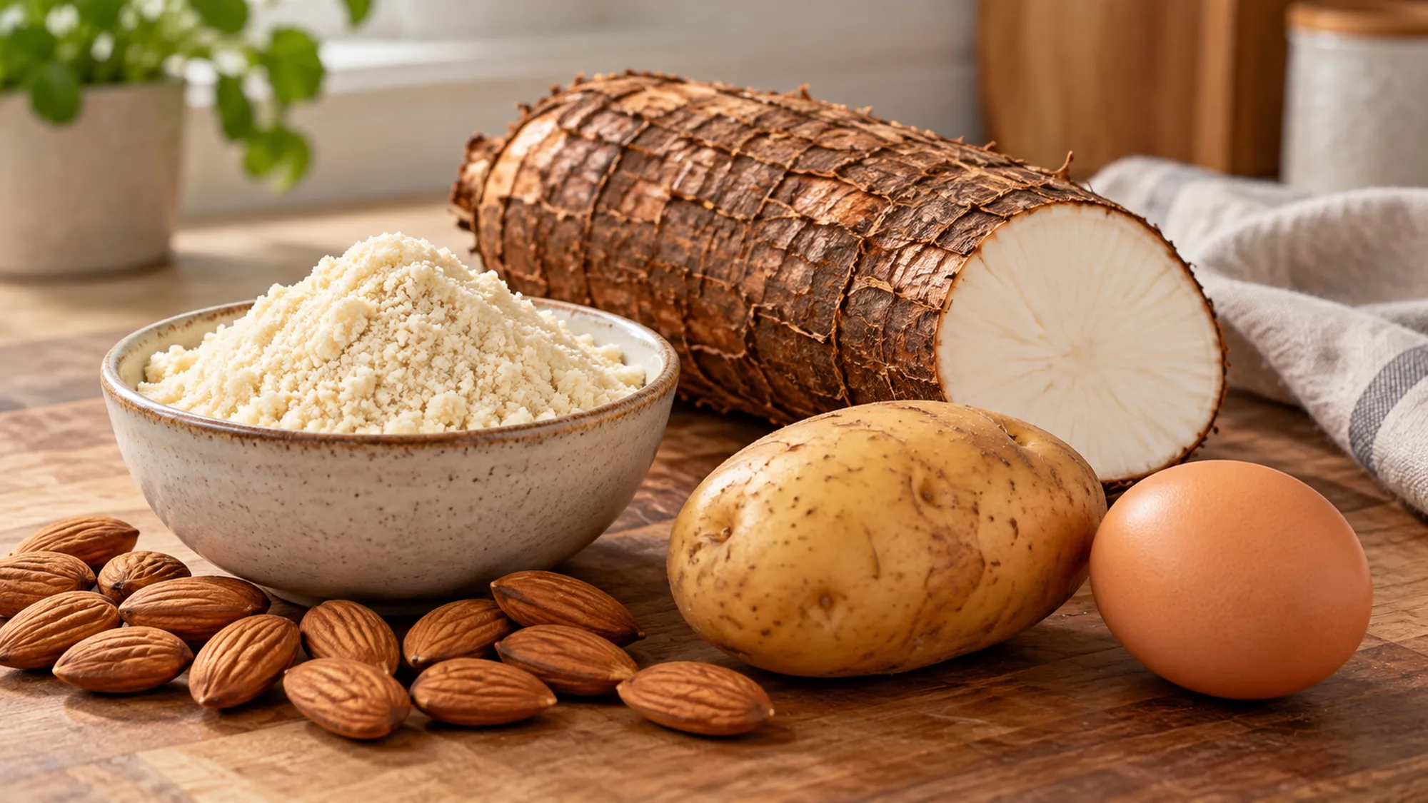 Almond flour, almonds, cassava, potato and egg as grain-free ingredients