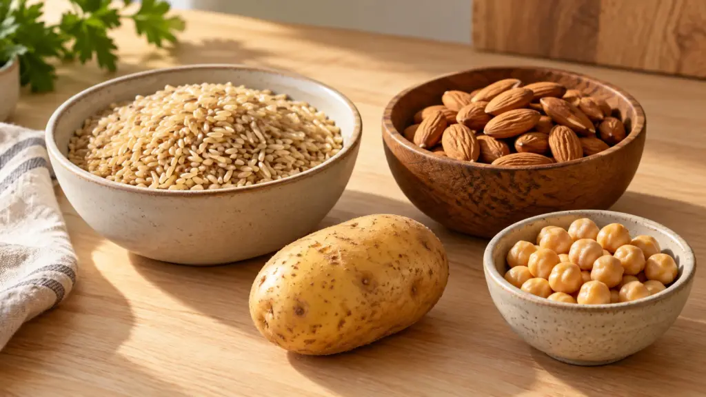 Rice, almonds, a potato and chickpeas for comparing gluten-free and grain-free foods