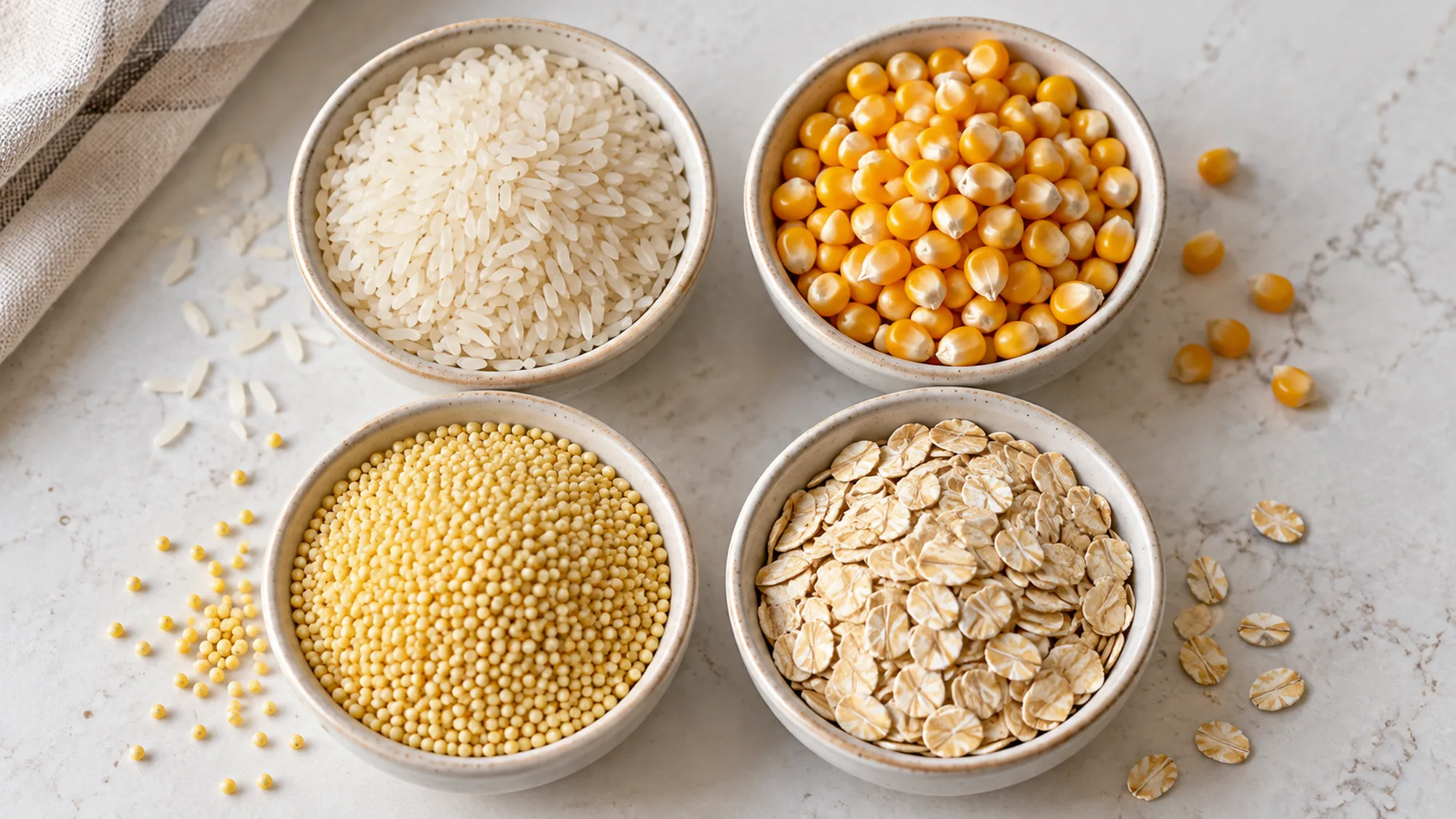 Rice, corn, millet and oats in four bowls