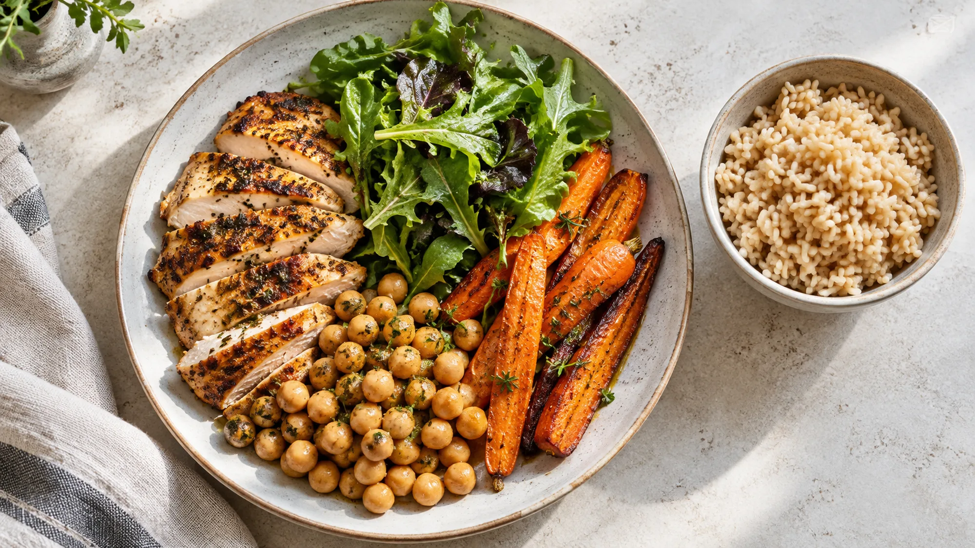 Chicken, chickpeas, greens and carrots with a separate bowl of brown rice