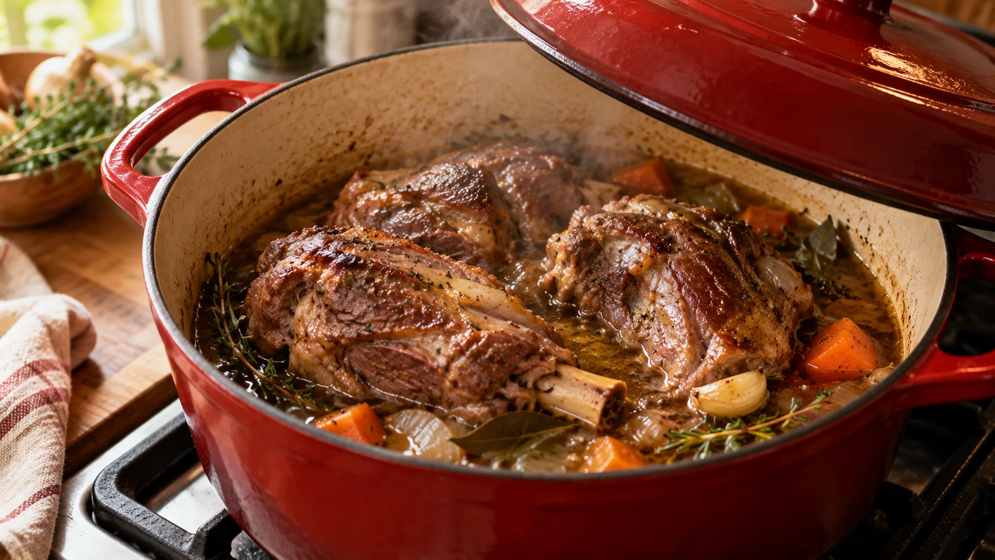 Goat meat braising in a Dutch oven with cooking liquid