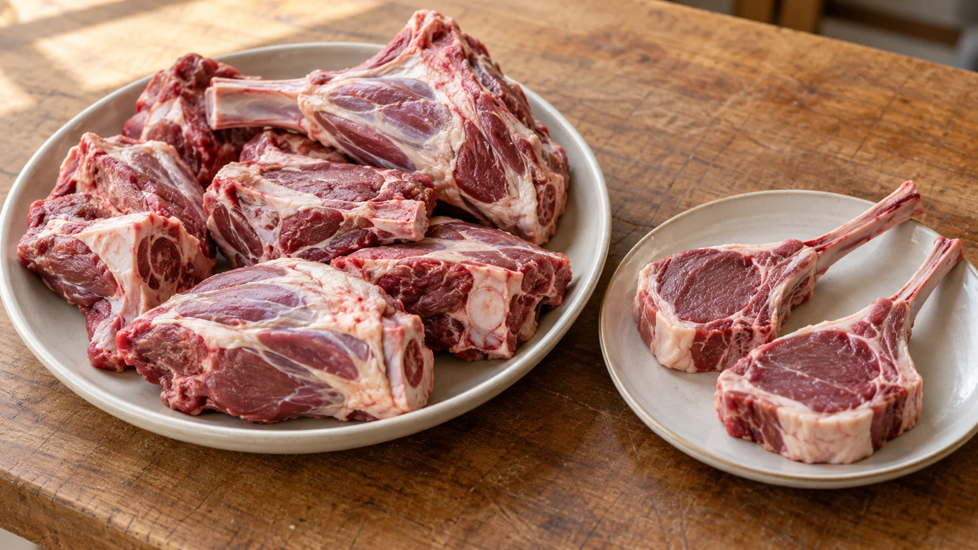 Raw goat shoulder pieces and chops in separate dishes