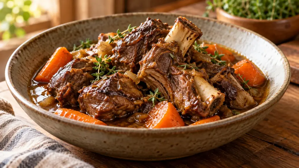 Braised goat meat with carrots in a shallow ceramic bowl