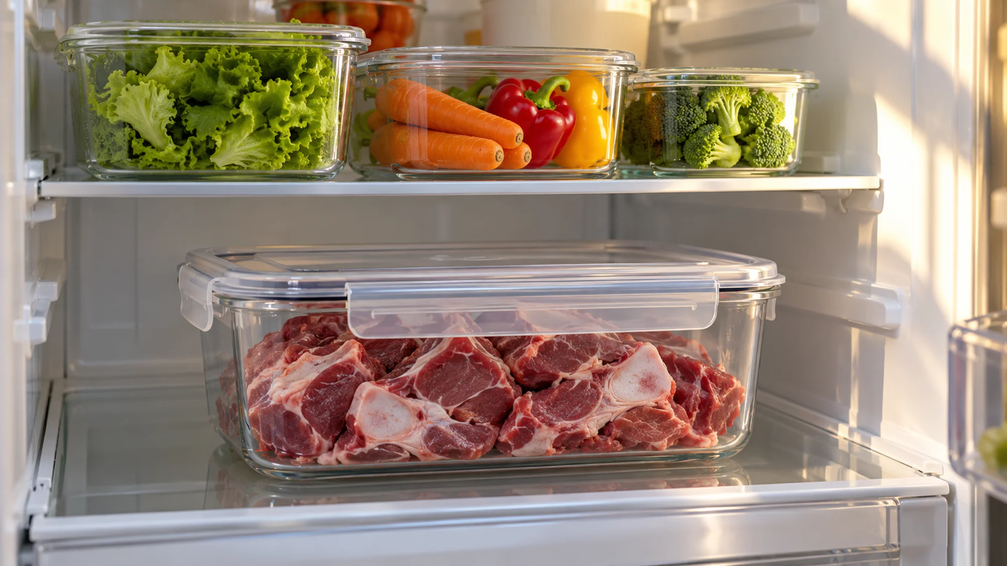 Raw goat meat in a closed container on a lower refrigerator shelf