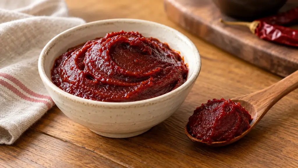 Thick red gochujang paste in a ceramic bowl with a wooden spoon