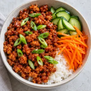 Overhead bowl of gochujang ground chicken, rice, cucumber and carrot