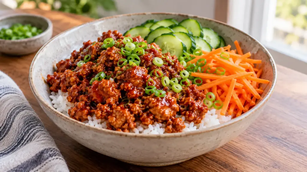 Gochujang ground chicken bowls with jasmine rice, cucumber, carrot and scallions
