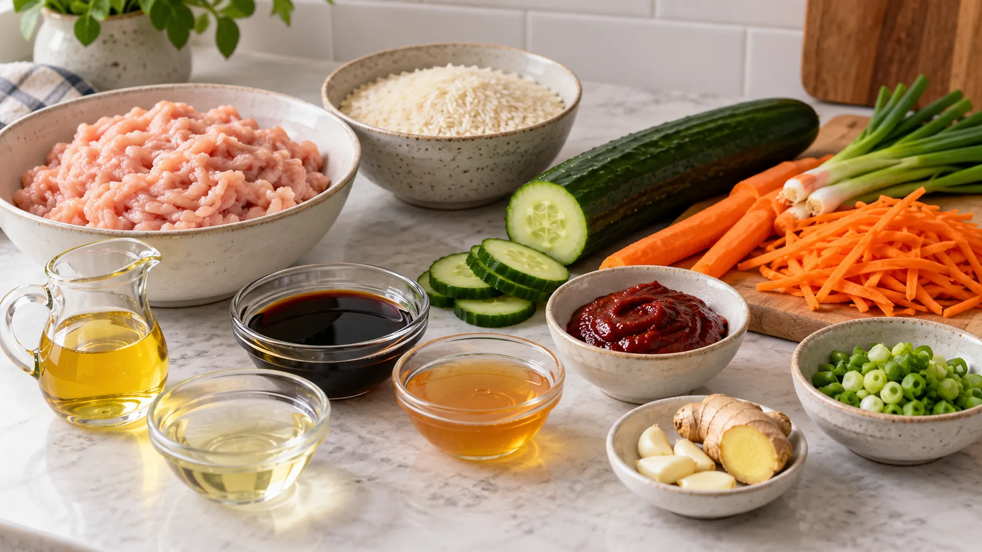 Measured chicken bowl ingredients with ground chicken, rice, vegetables and gochujang sauce components