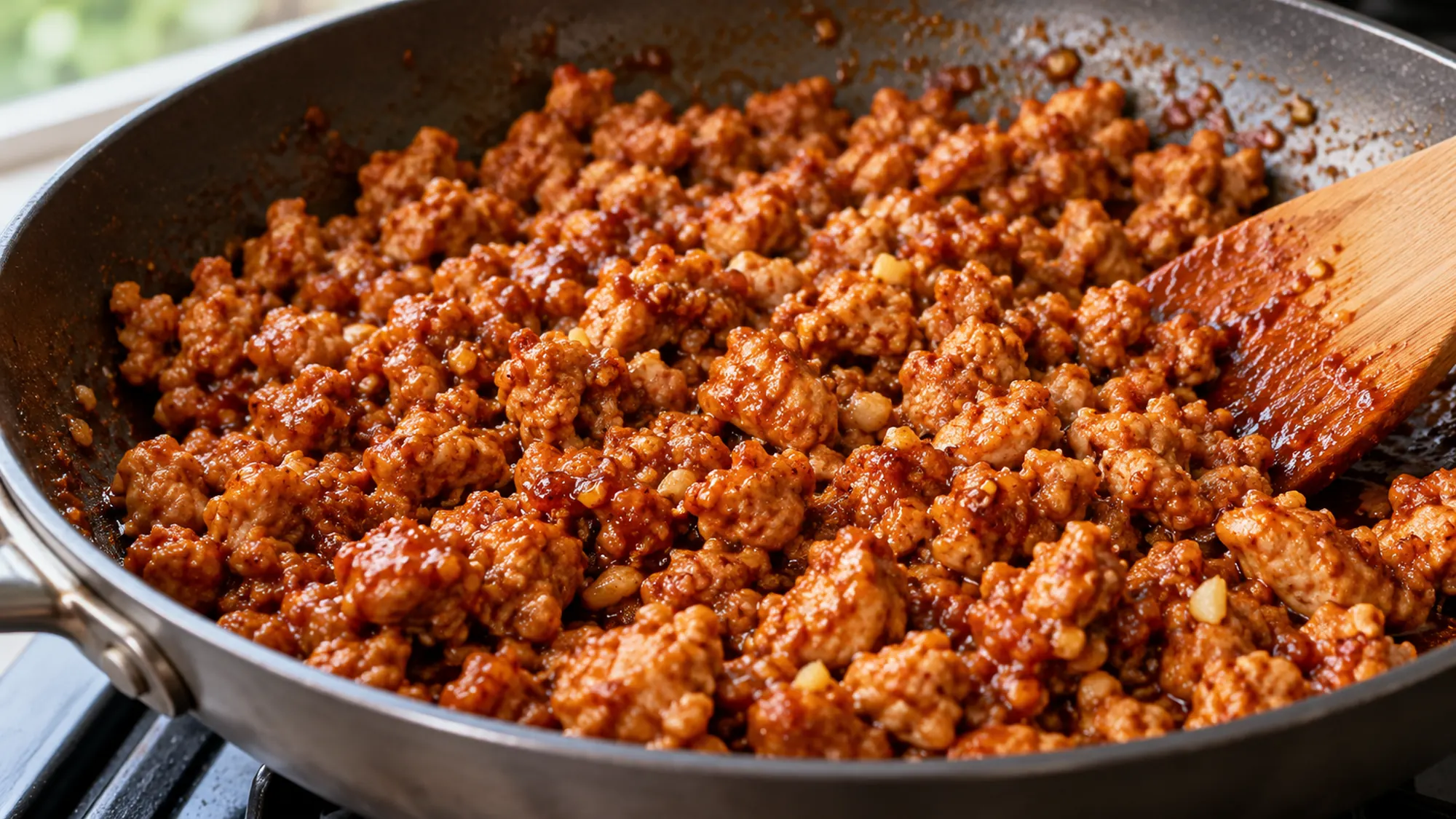 Ground chicken coated in red gochujang sauce in a wide skillet