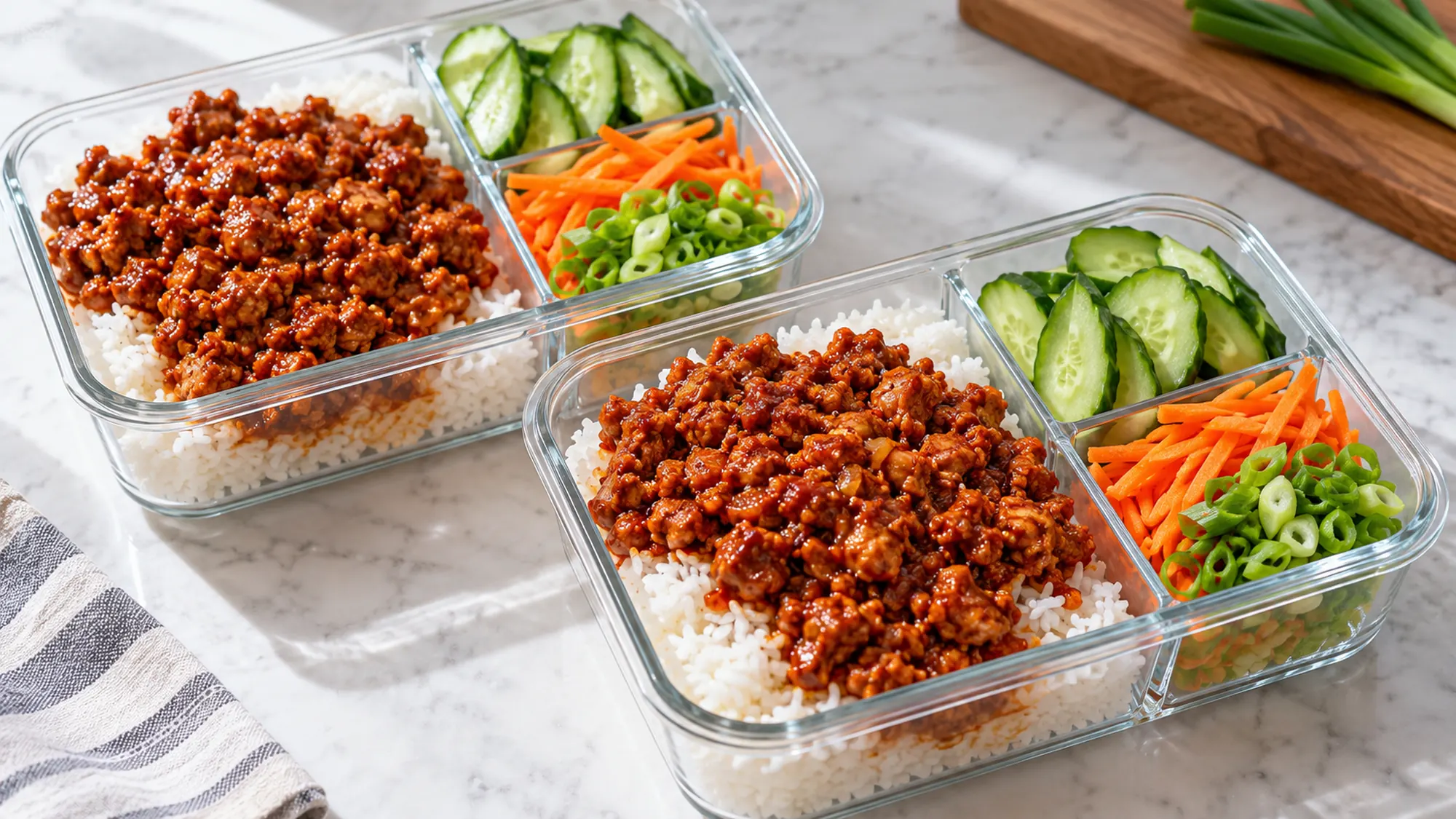 Two chicken and rice lunch containers with cucumber and carrot in separate compartments