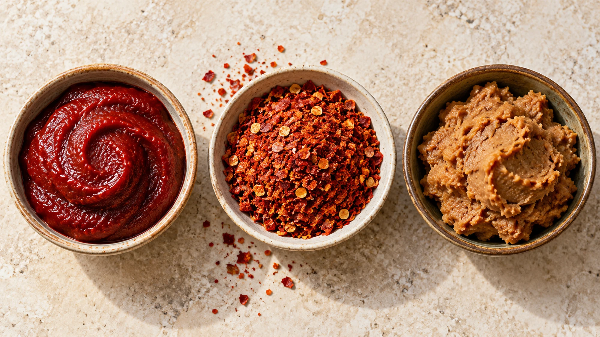Separate bowls of red gochujang paste, dry chili flakes and brown soybean paste