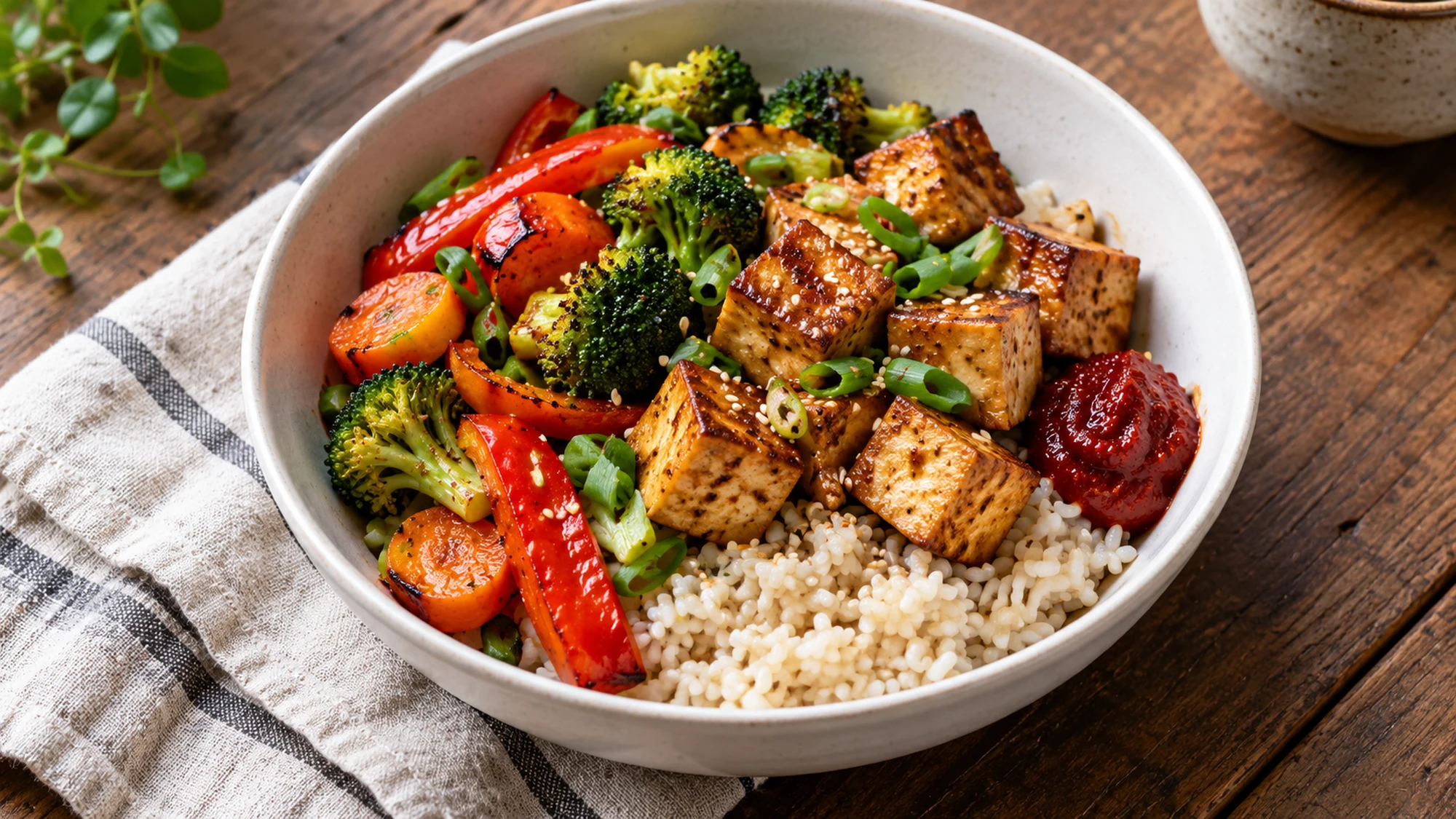 Rice bowl with browned tofu, cooked vegetables and a small dollop of gochujang