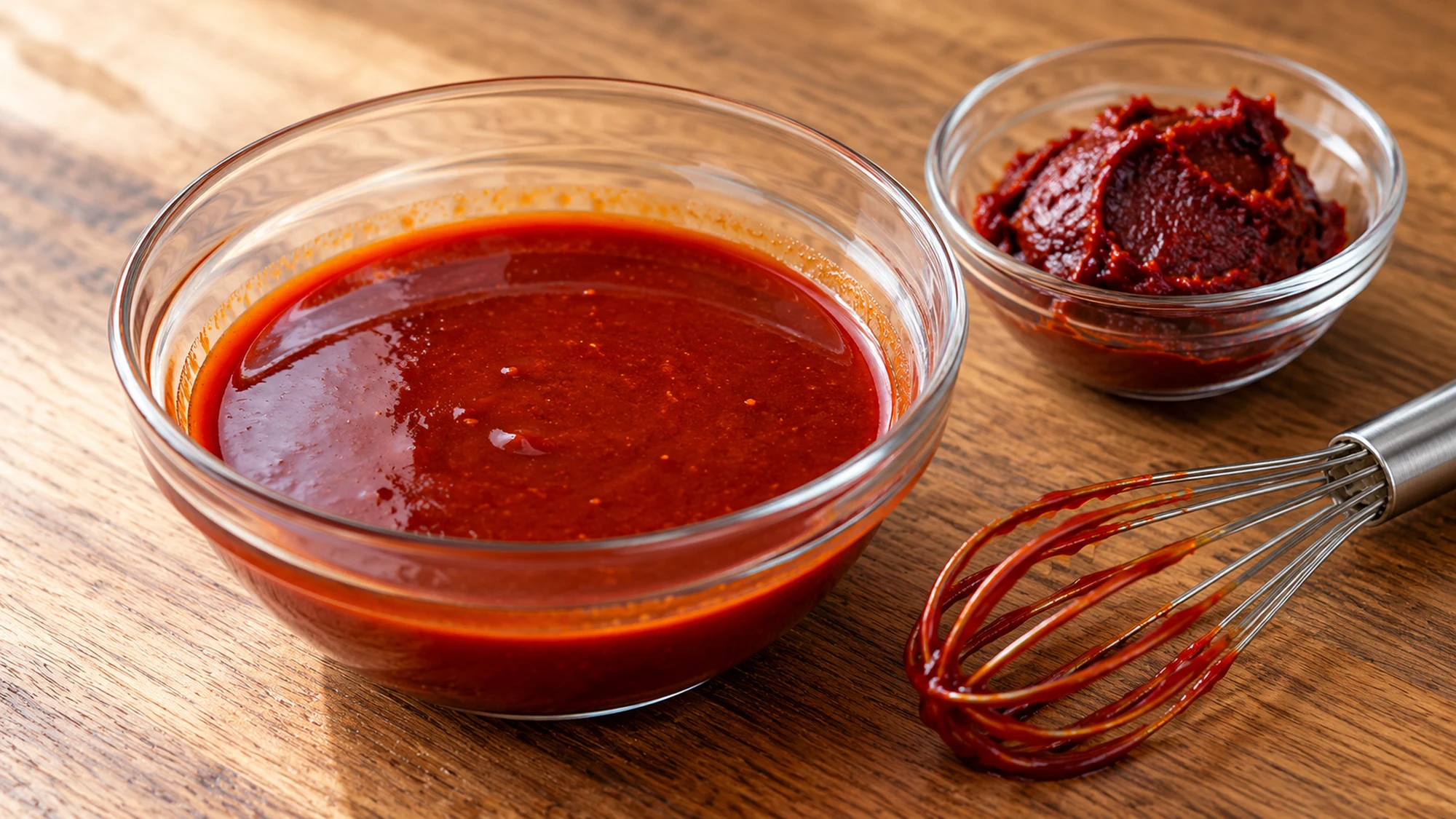 Smooth red sauce in a glass bowl beside thick gochujang paste and a whisk
