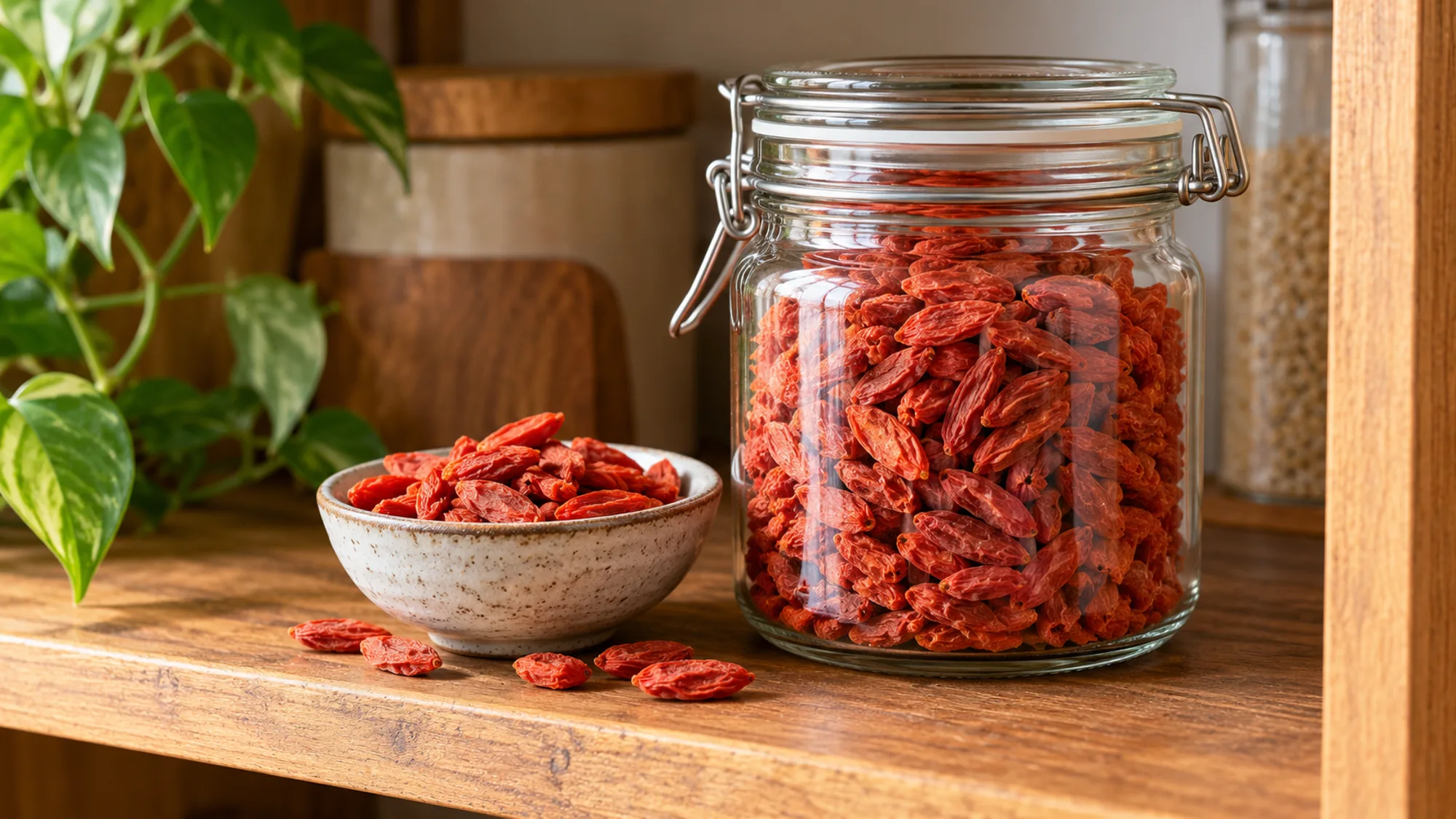 Dried goji berries in a sealed glass jar