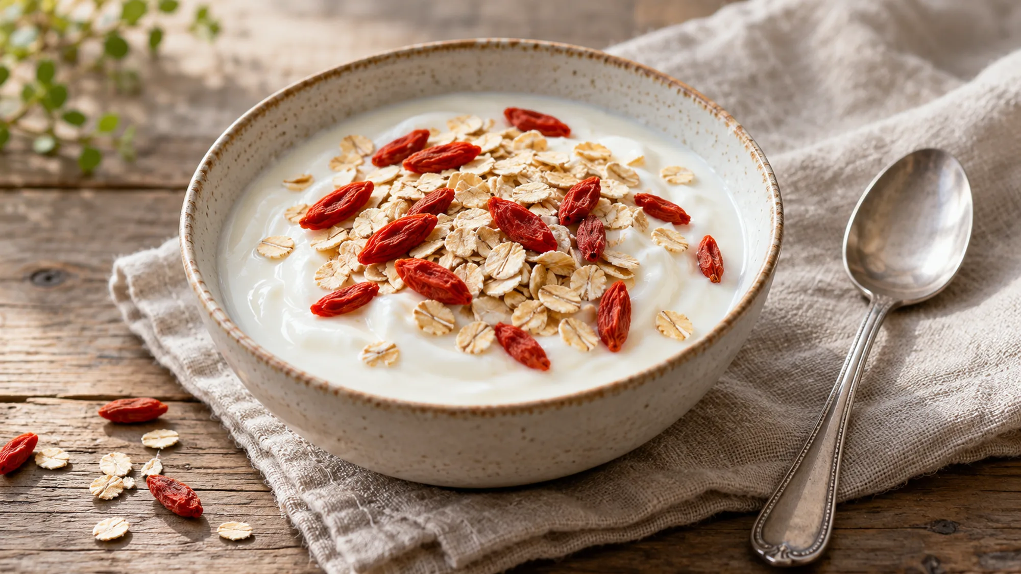 Goji berries and oats on plain yogurt