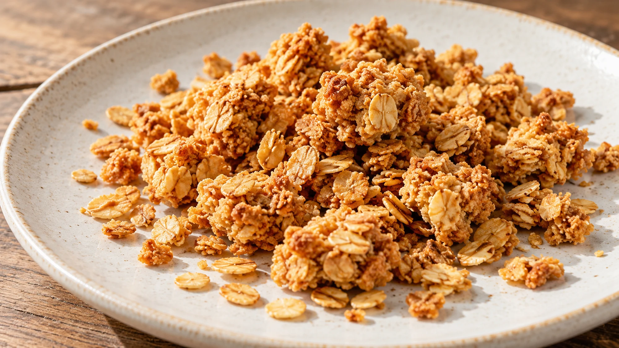 Golden granola clusters and loose rolled oat flakes on a ceramic plate