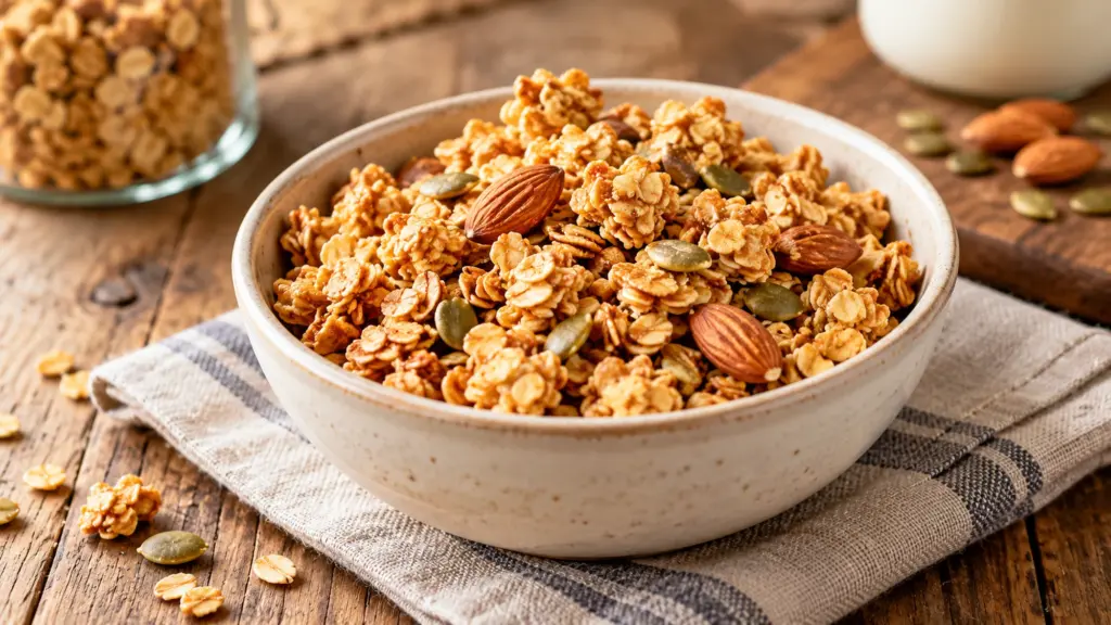 Golden oat granola clusters with almonds and pumpkin seeds in a ceramic bowl