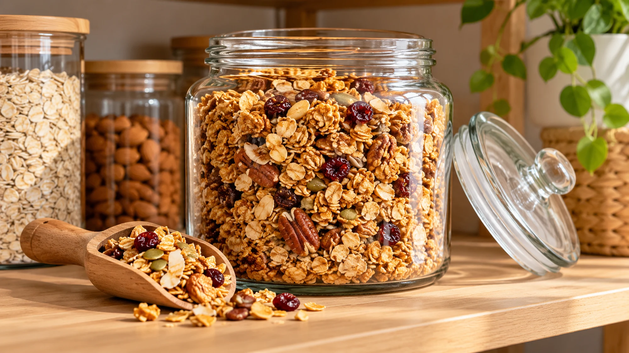 Oat granola with nuts and dried fruit in an open glass storage jar beside its lid