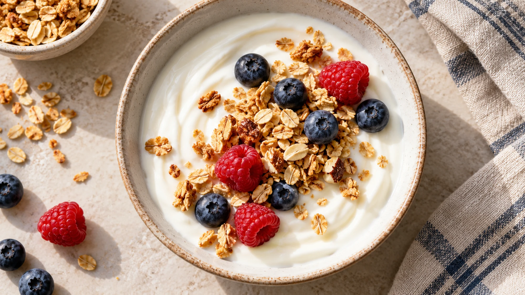 A small granola topping with blueberries and raspberries over plain yogurt