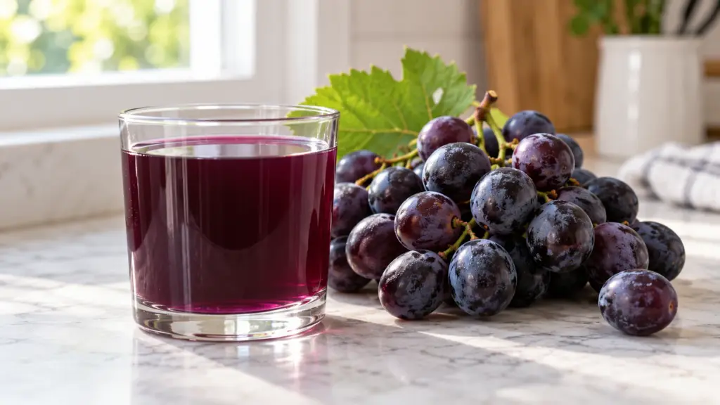 Glass of purple grape juice beside a bunch of dark grapes on a kitchen counter