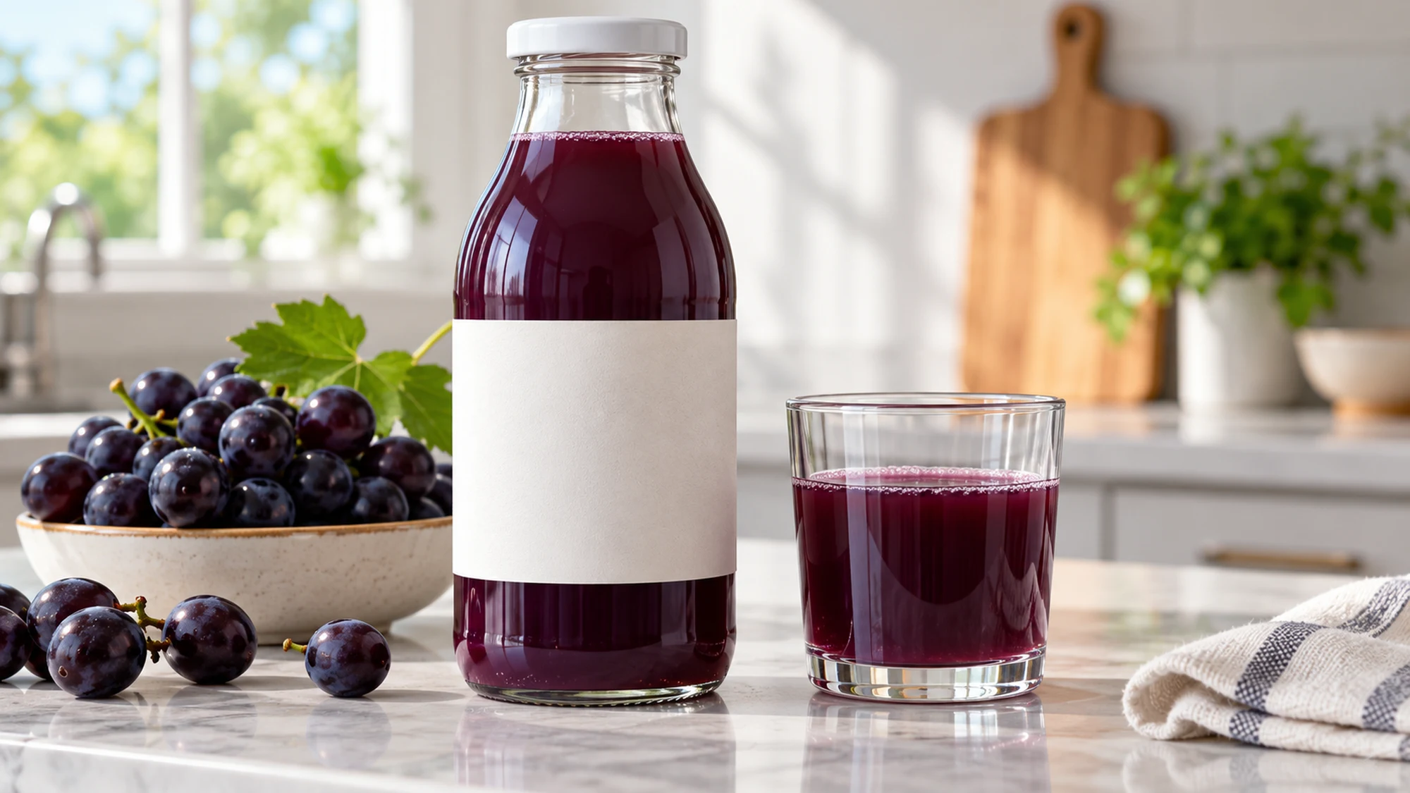 Unbranded bottle of purple grape juice with a blank label beside a glass and grapes