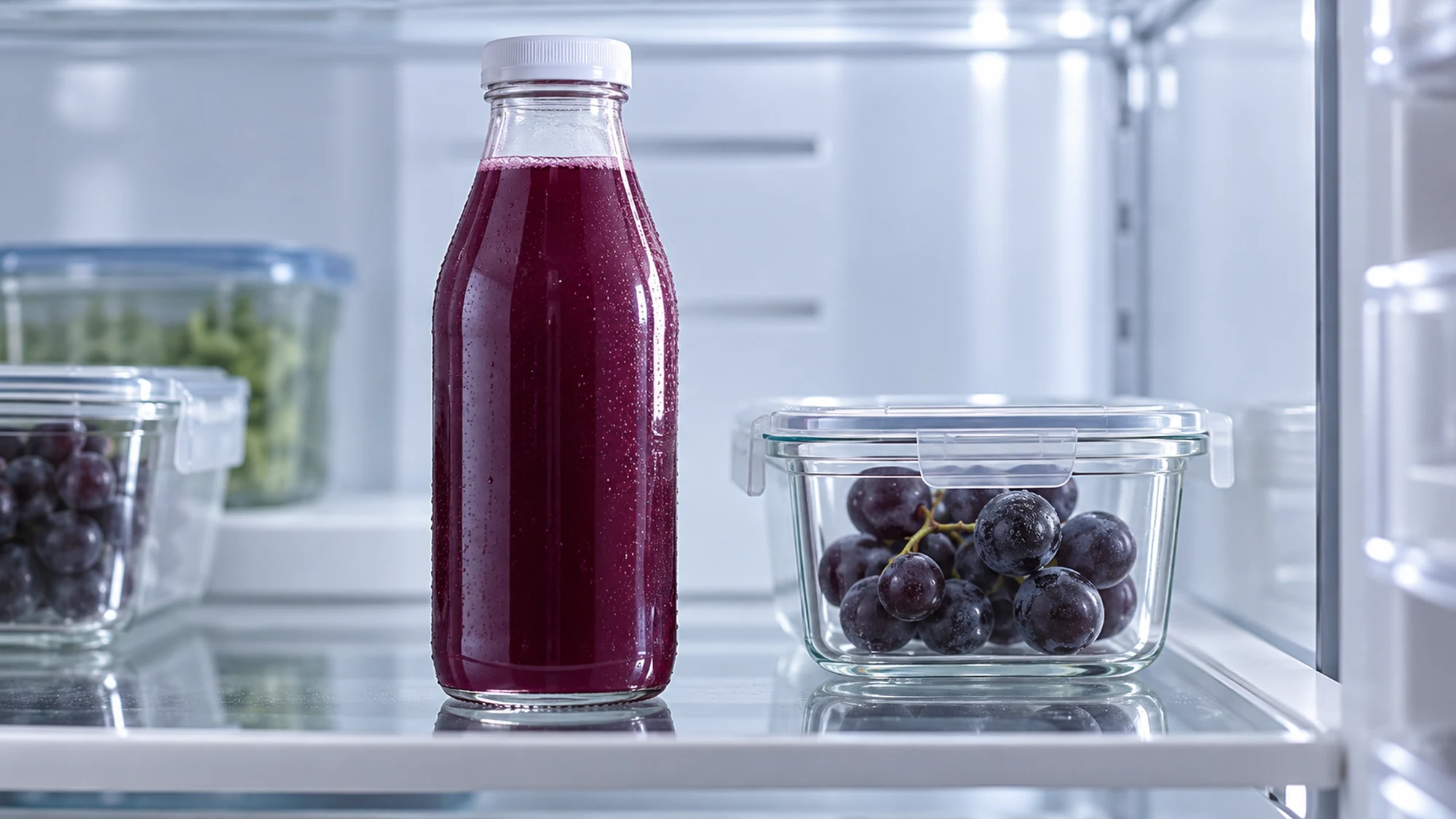 Capped bottle of purple grape juice and a covered container of grapes in a refrigerator