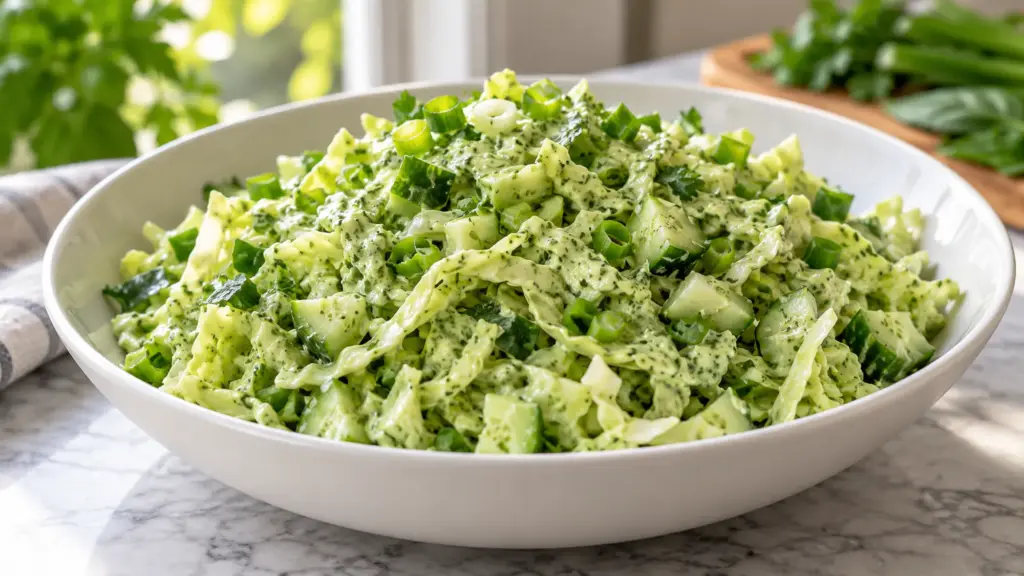 Green goddess cabbage salad with cucumber and creamy green herb dressing