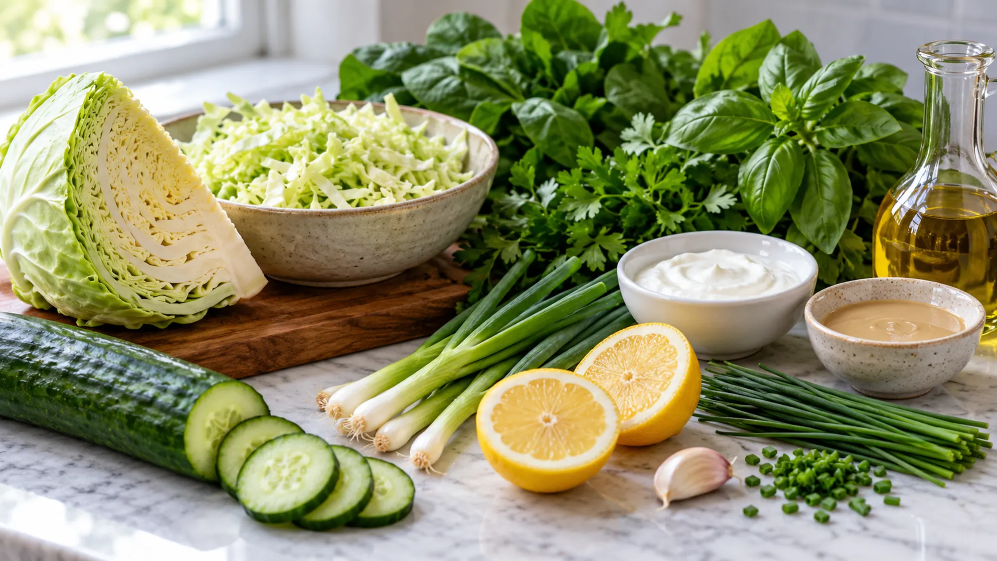 Cabbage salad ingredients with yogurt, tahini, lemon and fresh herbs