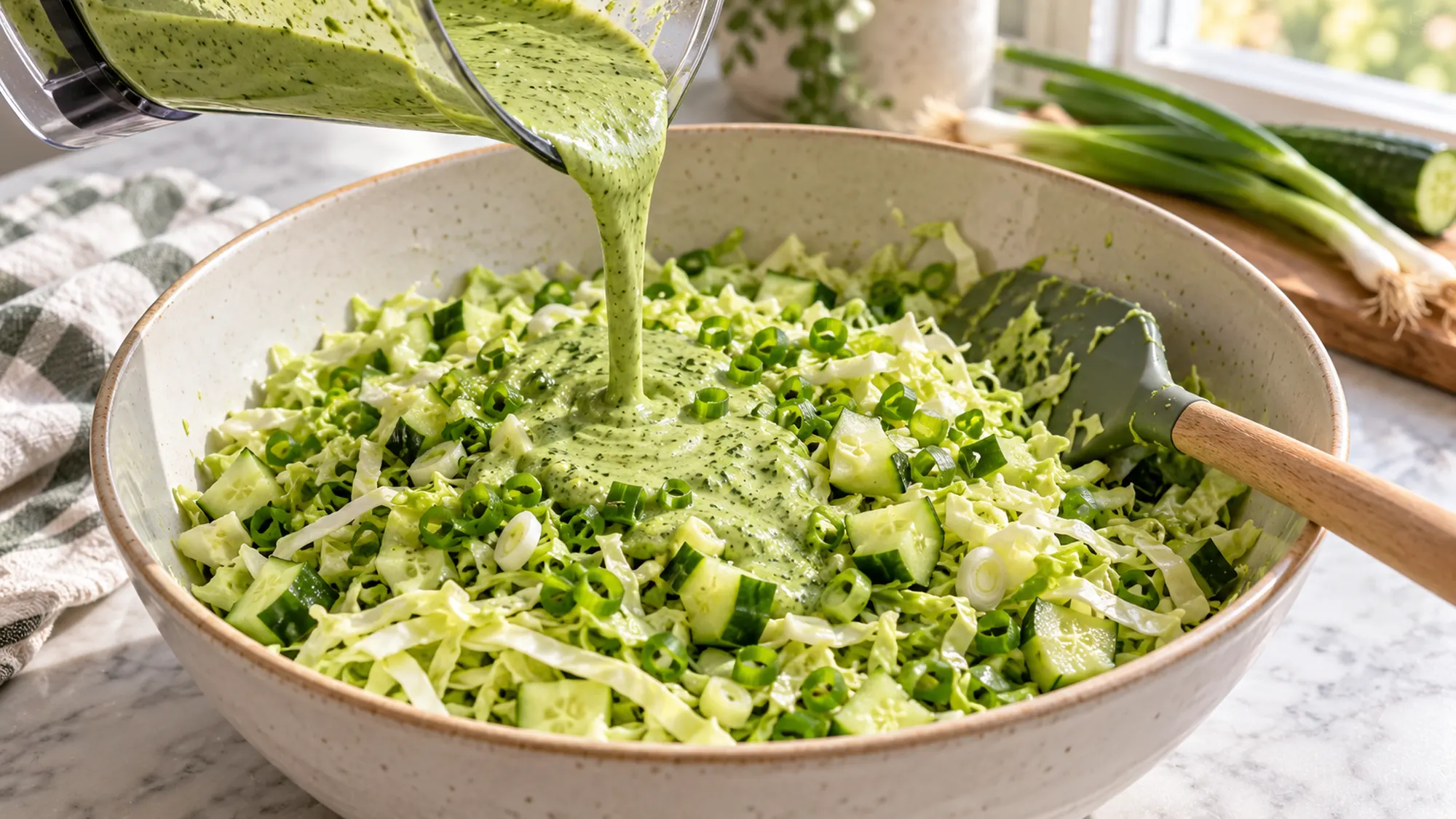 Green herb dressing pouring onto finely chopped cabbage and cucumber