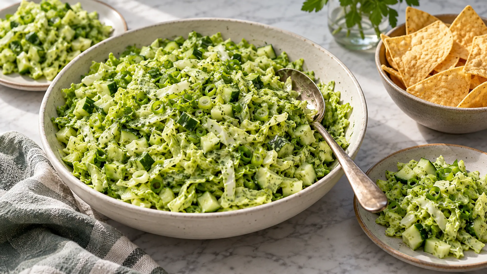 Chopped green goddess cabbage salad served with optional tortilla chips