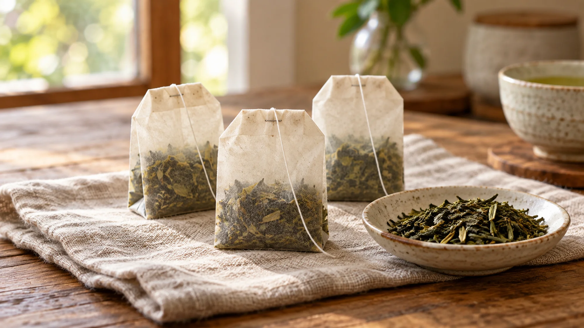 Three green tea bags beside dried tea leaves