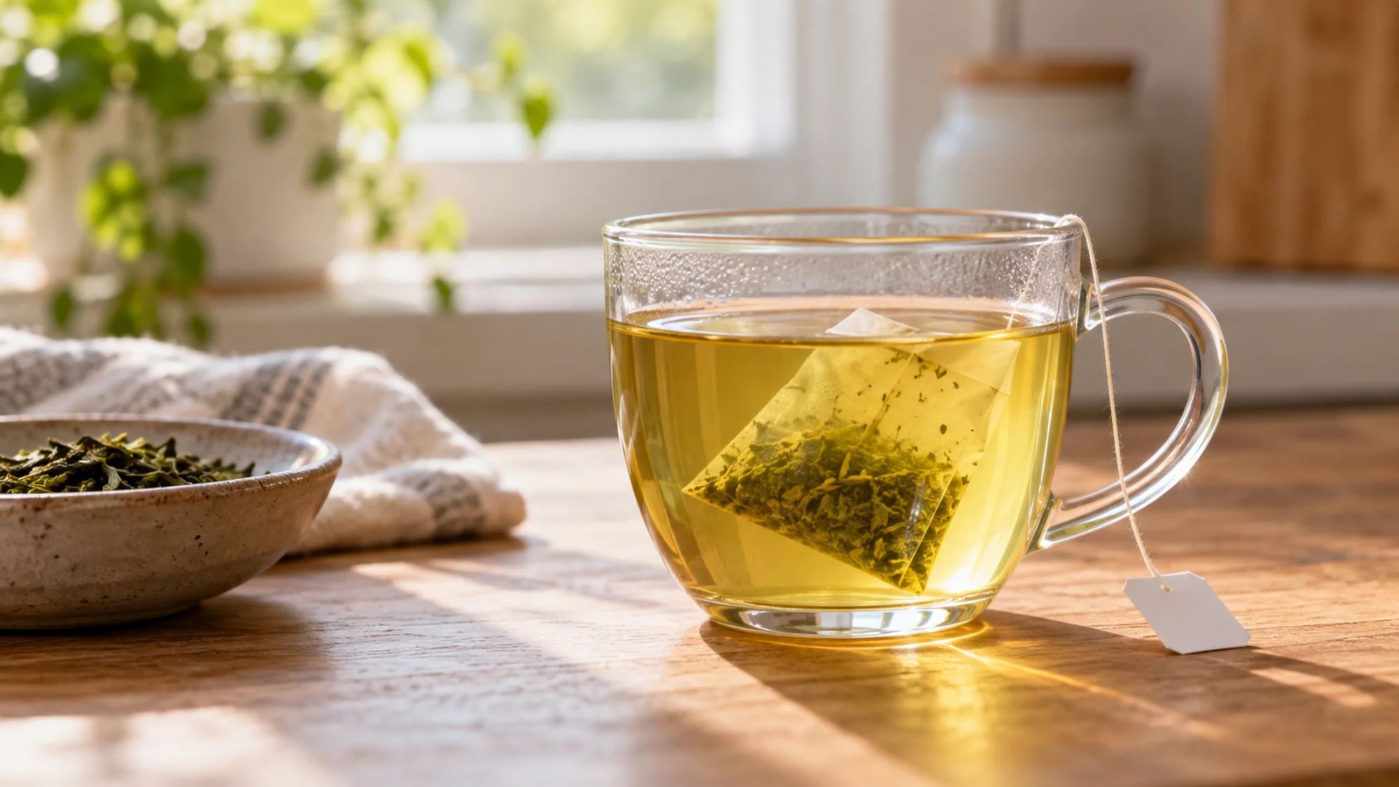 A green tea bag steeping in a clear glass cup