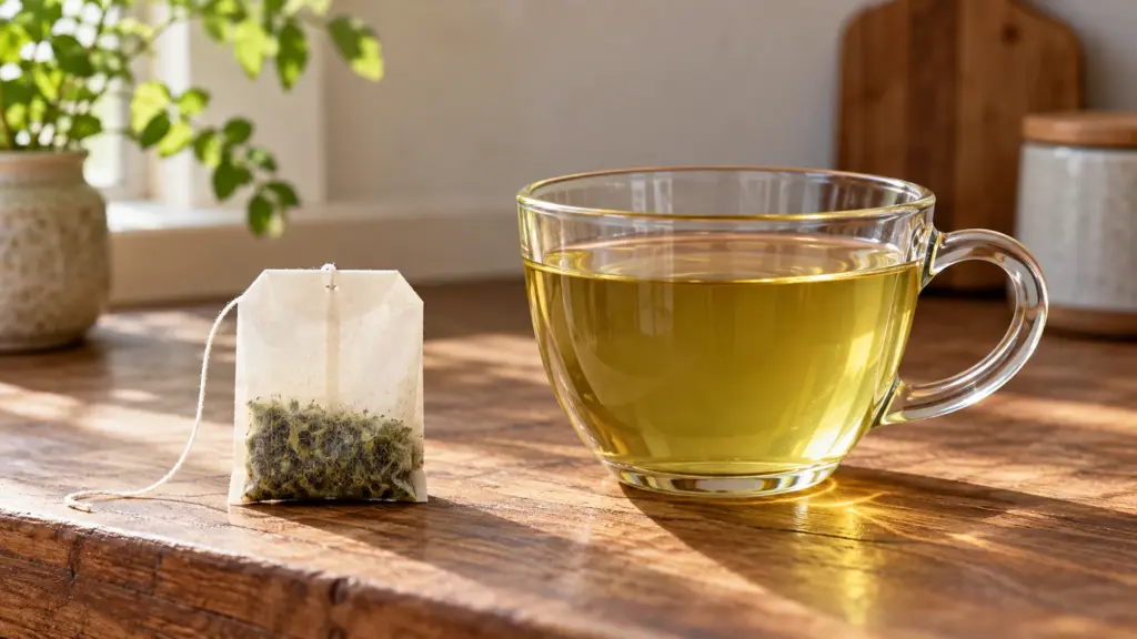 Green tea bags beside a cup of pale golden tea