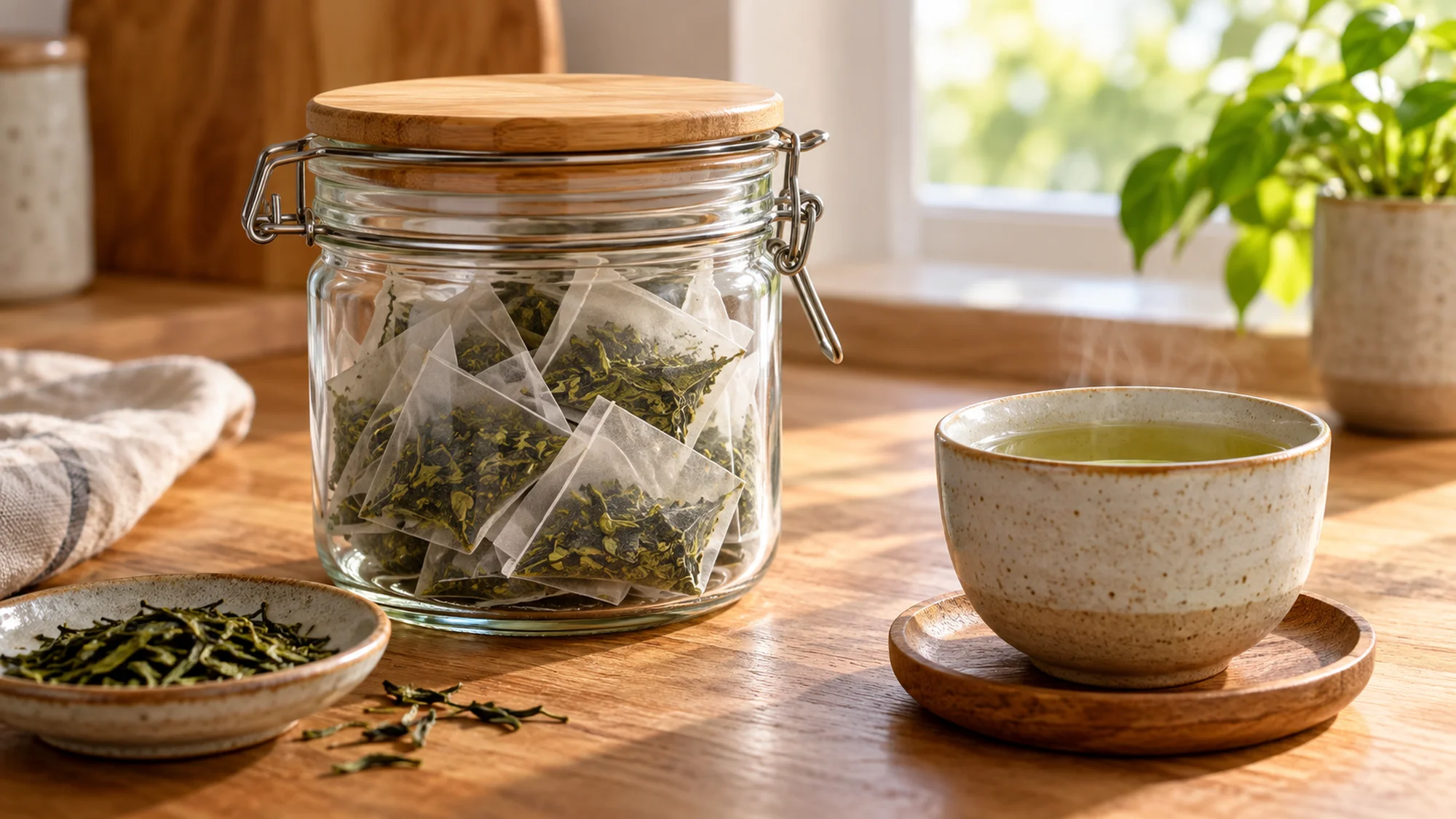 Green tea bags stored in a closed glass jar