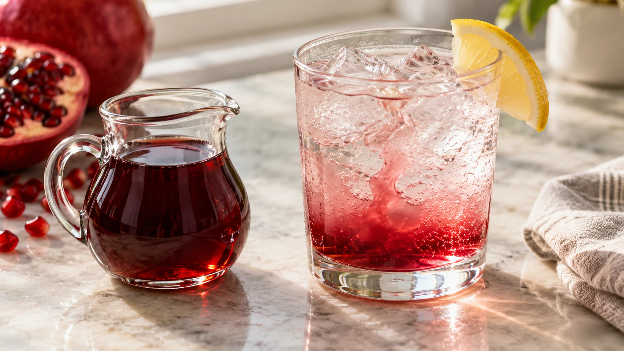 Grenadine syrup beside a rosy sparkling drink with lemon