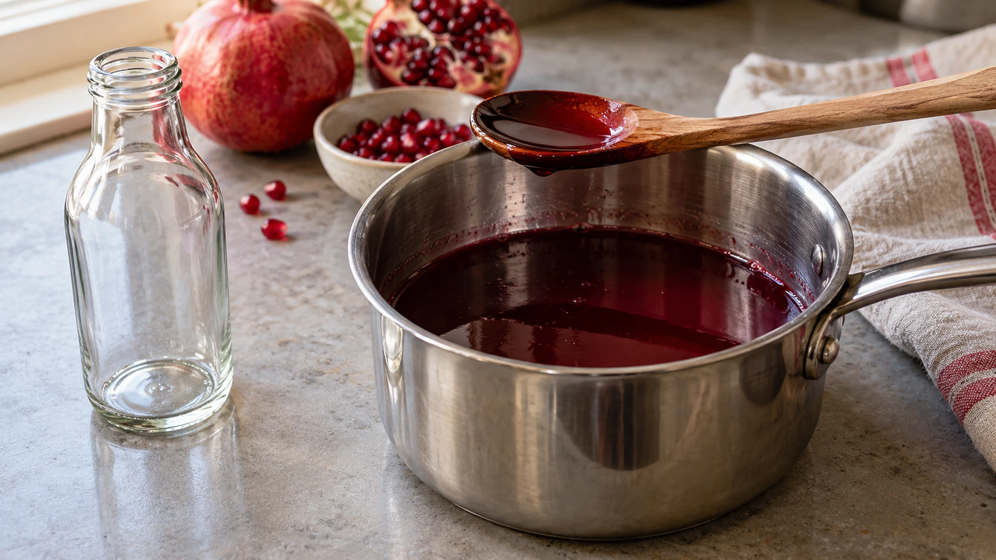 Grenadine warming in a saucepan beside a clean bottle