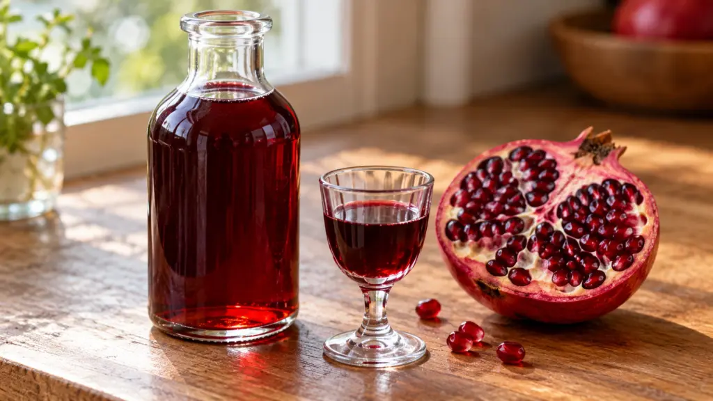 Deep ruby grenadine in a glass bottle beside a pomegranate