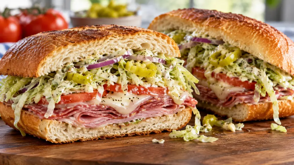 Grinder salad sandwich with ham, salami, provolone, tomato, and shredded iceberg lettuce