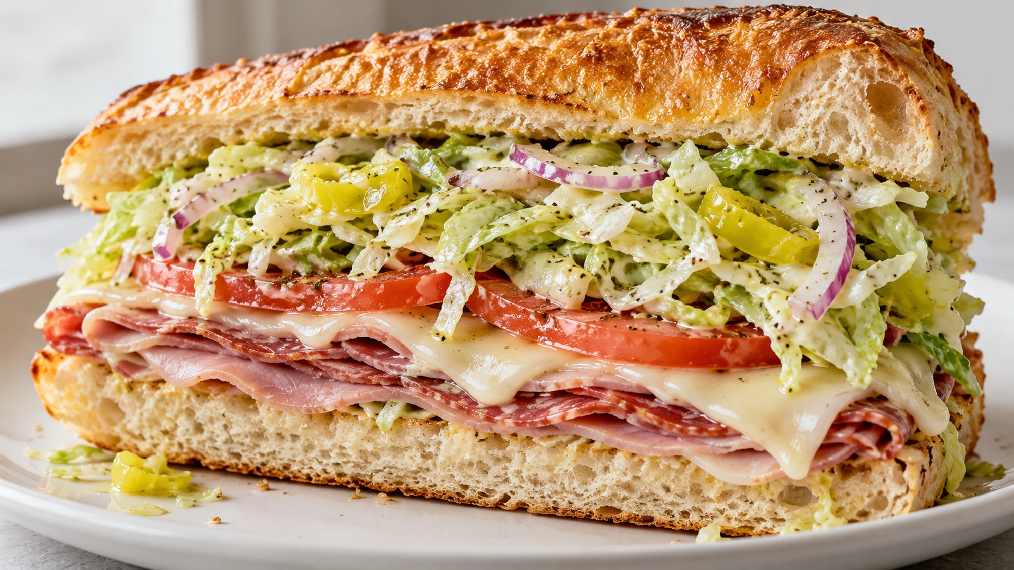 Cut grinder salad sandwiches showing warm deli meat and crisp lettuce filling