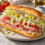 Grinder salad sandwich with provolone and creamy iceberg salad on a toasted roll